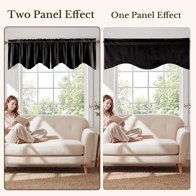 Black Scalloped Valance 52x18 Inch 1 Panel | Heavy Velvet Wavy Blackout Valance for Kitchen, Room Darkening Short Window Curtains for Basement, Living Room - Image 7