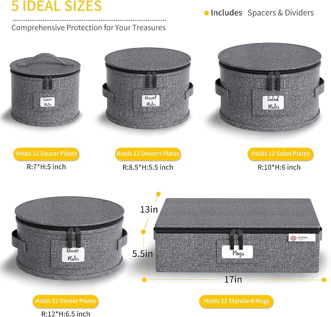 China Storage Containers Hard Shell Box for Moving Dishes, Plate, Wine and Glasses, Dinnerware, Mugs, Saucers Quilted Organizer Dividers for Packing Fine China Storage Containers 5Piece Grey - Image 2