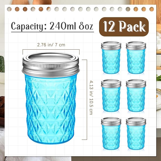 Zhehao 12 Pcs 8 oz Colored Mason Jars with Lids, Mini Regular Mouth Canning Jelly Honey Jars for Wedding Shower Favors DIY Candle Holding Spice Jam Fruit Smoothie Salad Dressing Ketchup(Light Blue) - Image 2