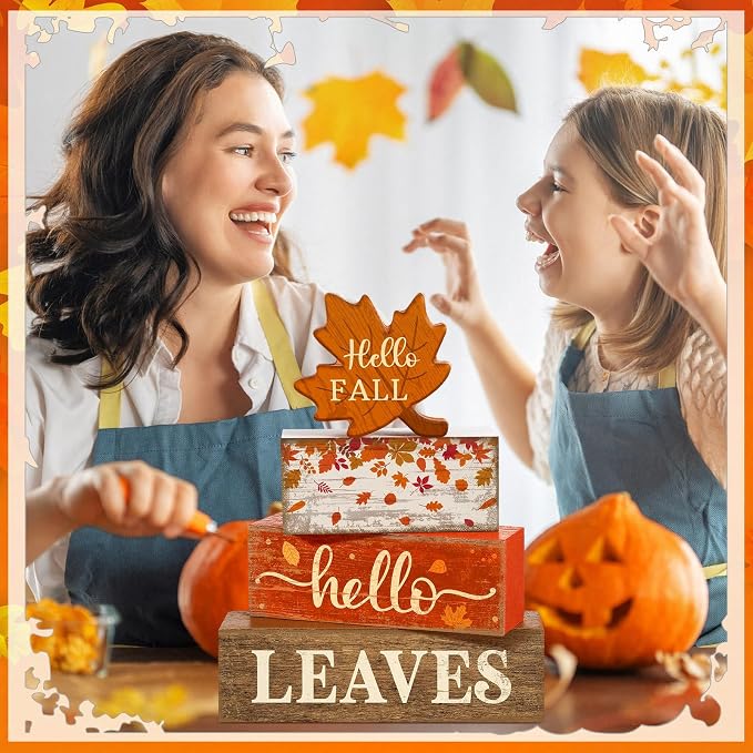 Moucuny 4 Pcs Fall Decor Wooden Maple Leaf Decoration Thanksgiving Tiered Tray Decor Rustic Wooden Maple Leaf Block Sign Thanksgiving Table Centerpiece Farmhouse for Autumn Harvest Party Kitchen Home - Image 6
