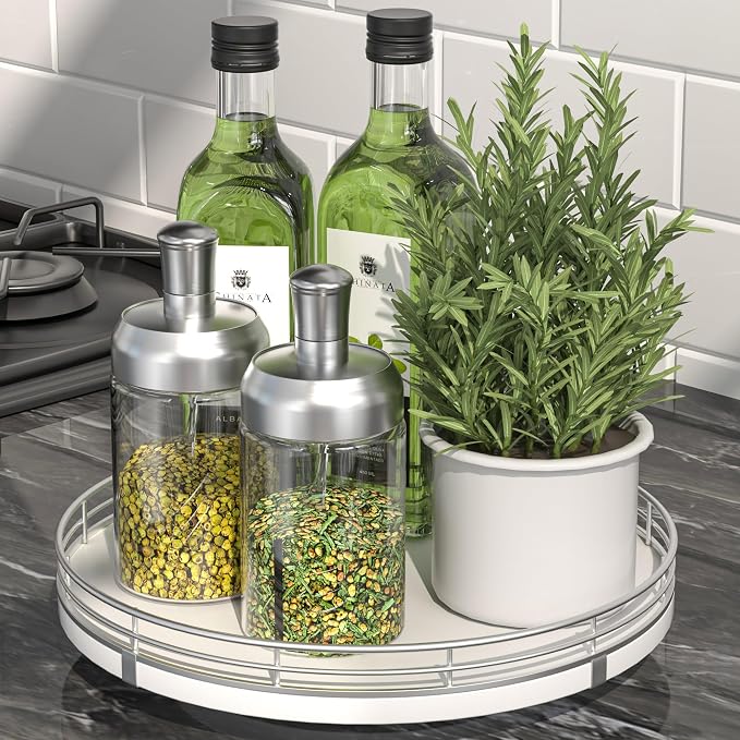 Oroyutor 9-Inch Oak Lazy Susan Spice Organizer with Silver Metal Rail | Rotating oak tray organizes spices, toiletries and decor on kitchen counters, bathroom vanities, dining and coffee tables. by Oroyutor