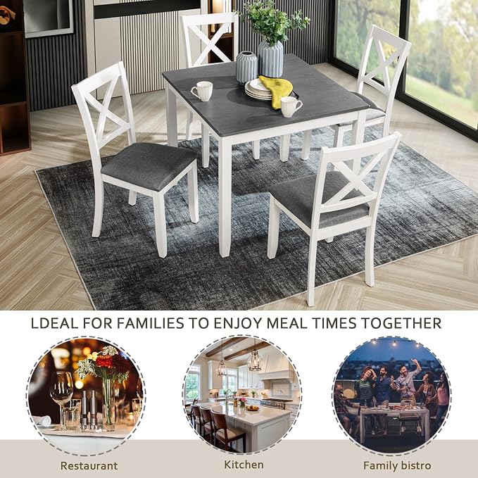 5-Piece Dining Table Set for 4, Kitchen Dining Table with 4 Soft Cushioned Solid Wood Chairs, Ideal for Home or Restaurant Use.(Gray & White_Small) - Image 9