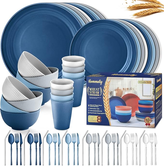 Wheat Straw Dinnerware Sets,64-Piece Plates and Bowls Sets for 8-Unbreakable,Reusable Plastic Dish Set-Dinner Plate/Dessert Plate/Cereal Bowl/Cup/Utensils-Microwave Dishwasher Safe 64P-Oecan Resort by HOMMALY