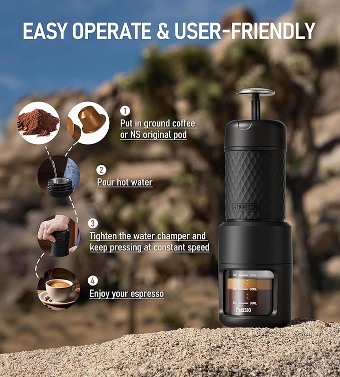 STARESSO Classic Portable Espresso Maker, 2 IN 1 Travel Coffee Maker Compatible Ground Coffee & NS Original Pods, Espresso Machine with Stainless Steel Chamber for Travel Camping, Manually Operated