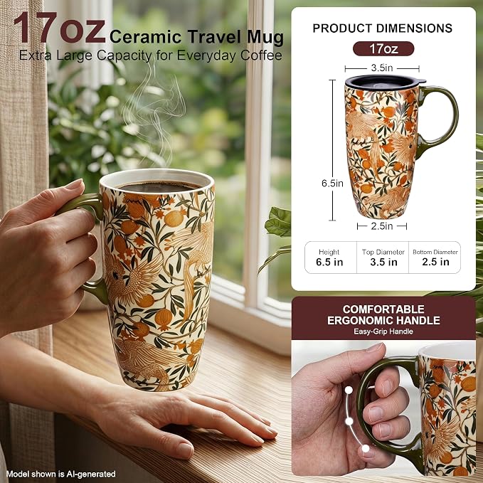 Topadorn 17oz Ceramic Travel Mug with Lid, William Morris, Gift Box | Pomegranate Parrot Coffee Mug, Vintage Botanical Latte Cup, Microwave & Dishwasher Safe - Image 2