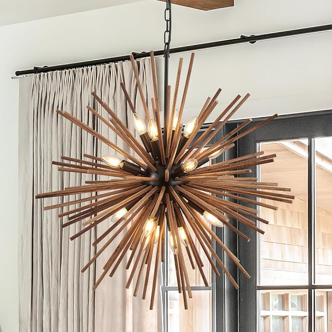 31.3" Farmhouse Sputnik Chandelier for Dining Room Rustic Handmade Natural Wood 16-Light Hanging Ceiling Pendant Light Fixture Starburst Wood Chandeliers for Kitchen Bedroom Foyer Hallway - Image 9