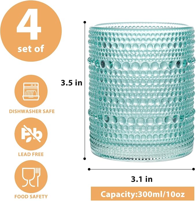 Set of 4 Hobnail Drinking Glasses, 12oz, Vintage Jupiter Drinking Glasses,Embossed Old Fsahioned Glassware for Beer,Water,Juice,Cocktail,Whiskey,Gift (Pool Blue, Small) - Image 2