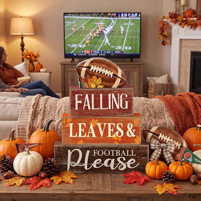 Moucuny 4 Pcs Fall Football Table Decorations for Home Fall Tiered Tray Decor Falling Leaves & Football Please Centerpieces with Footballs Topper, Rustic Thanksgiving Decor for Home, Game Day Party - Image 4