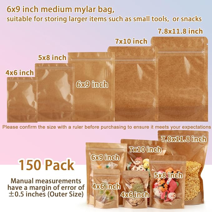 150 Pack Kraft Paper Bags with Clear Window 6x9 Reclosable Small Stand Up Mylar Bags for Food Storage Resealable Smell Proof Pouch, Edible Packaging, Reusable bags for Small Business - Image 4
