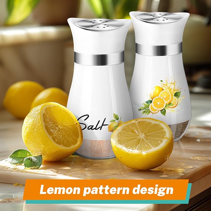 Lemon Salt and Pepper Shakers - 4 oz Glass Set with Stainless Steel Lids | Lemon Design with Glass Bottoms and Stainless Steel Lids Adds Farmhouse Charm to Kitchens and Makes Refilling Easy. - Image 2