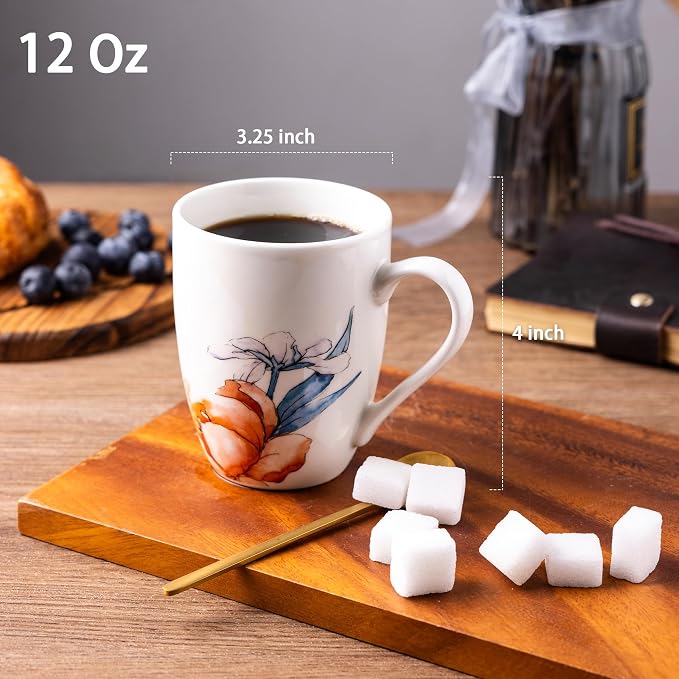 GBhome 12oz Coffee Mugs Set fo 6, Ceramic Coffee Mugs with Decaled Flowers for Man Woman Mom Dad, Light Weight Coffee Mugs Set for Latte/Cappuccino/Cocoa/Milk, Dishwasher & Microwave Safe - Image 2