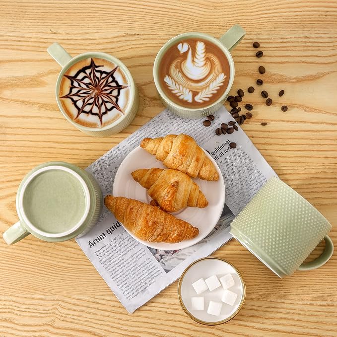 HASENSE Coffee Mugs Set with rack, 15 Ounce Porcelain Stackable Large Coffee Cups Set of 4 with handle for Drinks Like Tea, Cappuccino, Milk, Mocha and Cereal, Microwave & Dishwasher Safe, Green - Image 7