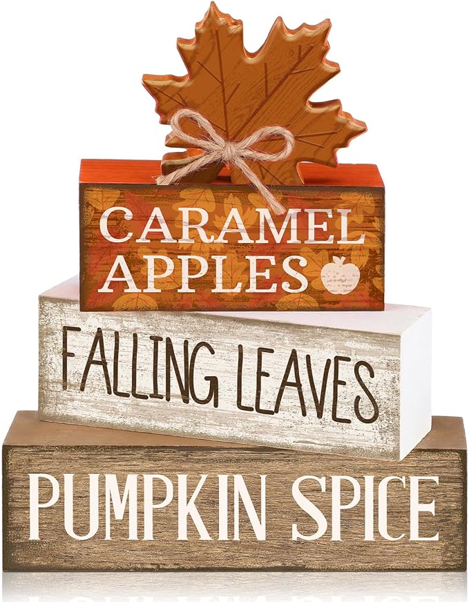 Moucuny 4 Pcs Fall Decor Wooden Maple Leaf Decoration Thanksgiving Tiered Tray Decor Rustic Wooden Maple Leaf Block Signs Thanksgiving Table Centerpiece Farmhouse for Autumn Harvest Party Kitchen Home by Moucuny