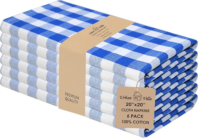 Urban Villa Cloth Napkins Cotton 20x20 (Set of 6) Blue Cheks by CottonTrends