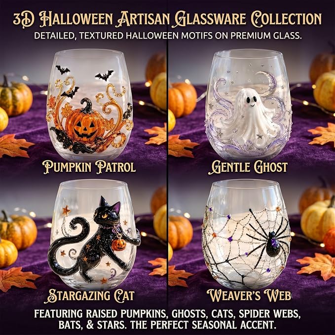 Halloween Artisan Glassware Collection,Handmade Stemless Wine Glass,Gothic Style Artistic Glass Wine Goblet Home Decor Piece Featuring Spooky Pumpkin Design Halloween Party Home Decor Gift，2Pcs-AB - Image 5