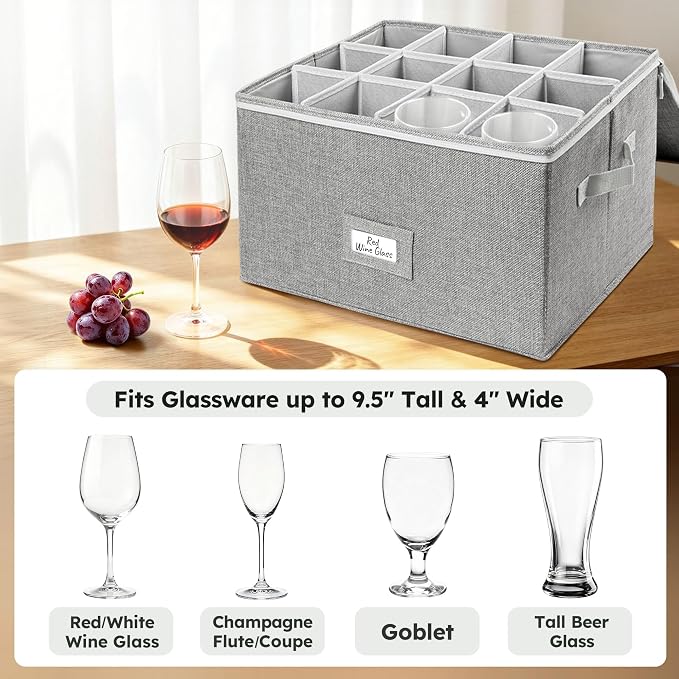 LotFancy Stemware Storage Container, Hard Shell, Stackable Wine Glass Storage Box with Dividers & Handles, Crystal Glassware, Champagne Flute, Drinkware Case for Moving, Grey - Image 8