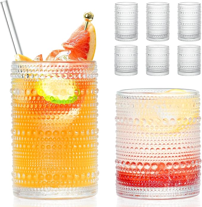 Hobnail Drinking Glasses with Straws, 15 oz & 12 oz Vintage Drinking Glasses Set of 8, Embossed Glasses Drinking Set, Textured Glass Cups for Kitchen, Beer, Juice, Cocktail, Whiskey, Milk by FULGNU