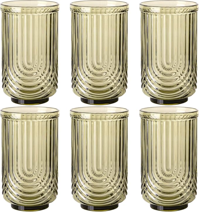 Green Vintage Drinking Glasses Set of 6-17oz Hand-Blown Highball Ribbed Glassware, Arch Design Cocktail Glasses for Whiskey Water Beverages Ice Coffee Juice Milk by TrophyToast