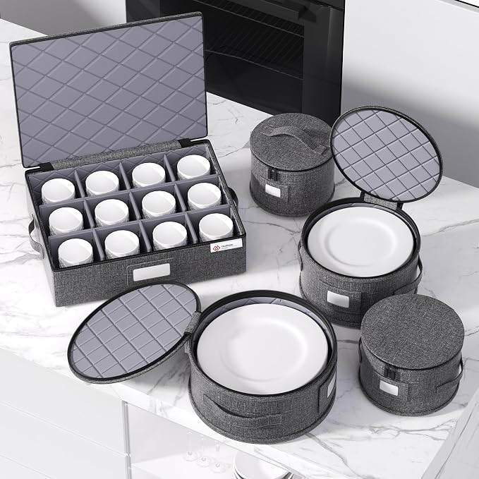 China Storage Containers Hard Shell Box for Moving Dishes, Plate, Wine and Glasses, Dinnerware, Mugs, Saucers Quilted Organizer Dividers for Packing Fine China Storage Containers 5Piece Grey - Image 5
