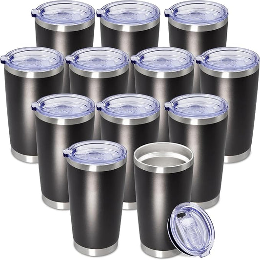 20oz Tumbler Insulated Coffee Tumblers with Lid Stainless Steel Black 12P | 20 oz Tumblers Double Wall Insulated Vacuum 20oz Coffee Mug Leak Proof Tumblers with Lid Powder Coated - Black 12 Pack by AEPDTD