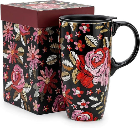 Topadorn Ceramic Travel Mug with Lid, 17oz Embroidered Floral Mug | 17oz Ceramic Travel Mug • Embroidered Floral Design • Coffee Mug with Lid • Microwave & Dishwasher Safe • Gift Box by Topadorn