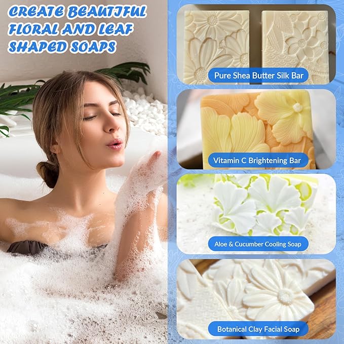HKNMTT Silicone Square Rectangle Bar Molds 3D Leaf Flower Pattern, 8 Cavities for Soap Making Shower Steamer Homemade Bath Lotion Shampoo Bar DIY Set Non-stick Craft Food Grade 2 Pack - Image 2
