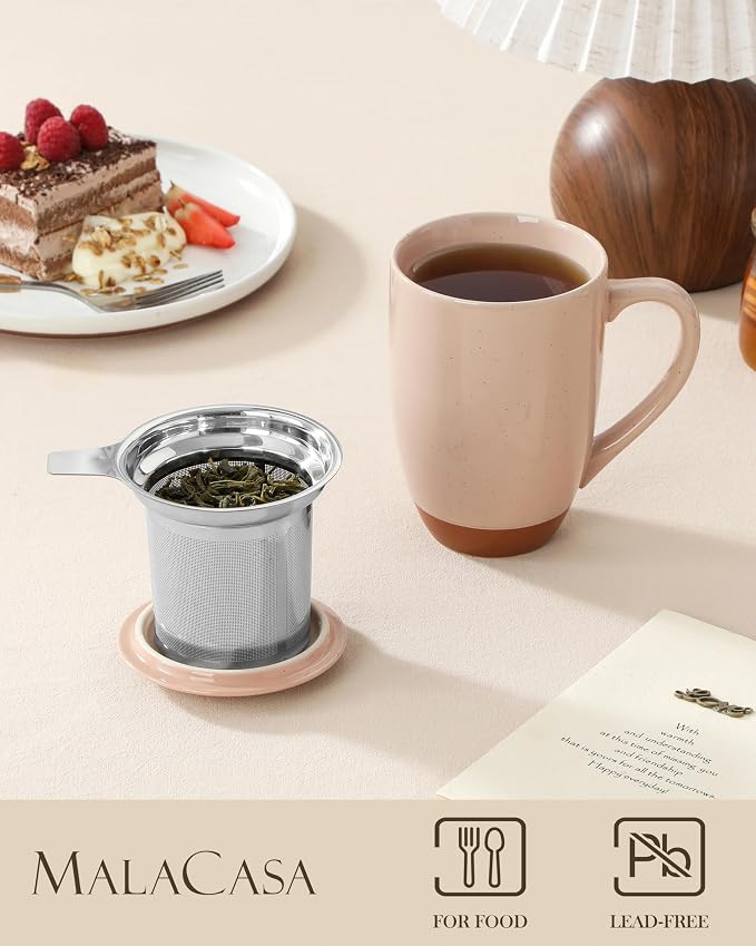 MALACASA Ceramic Tea Mug with Lid and Stainless Steel Infuser, 18 oz Large Tea Cup for Loose Leaf Tea, Heat-Resistant, Microwave & Dishwasher Safe, Speckled Glaze Coffee & Tea Brewer Mug, Khaki Pink - Image 3