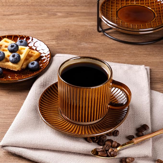GBhome 6 OZ Stackable Coffee Mugs Set of 4, Ceramic Espresso Coffee Cups | Coffe Cups With Saucer and Stand, Dishwasher&Microwave Safe, 4 Assorted Designs - Image 6