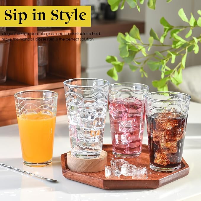 ALINK 16 oz Vintage Drinking Glasses, Set of 6 Wave Line Highball Glass Cups Bar Glasses, Clear Heavy Base Stemmed Water Glasses for Beer, Iced Coffee, Cocktail, Wine, Iced Tea, Dishwasher Safe - Image 3