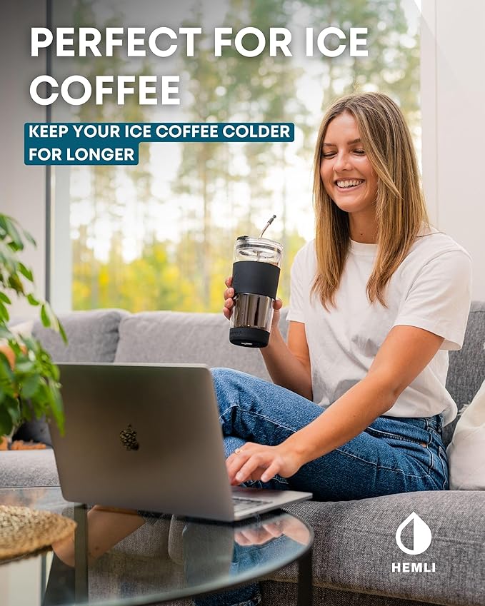 19 oz. Double Wall Glass Coffee Tumbler, To Go Travel Mug with Lid, Portable Glass Thermos with Straw, Reusable Cup, Tea, Smoothies, Ice Coffee, and Boba