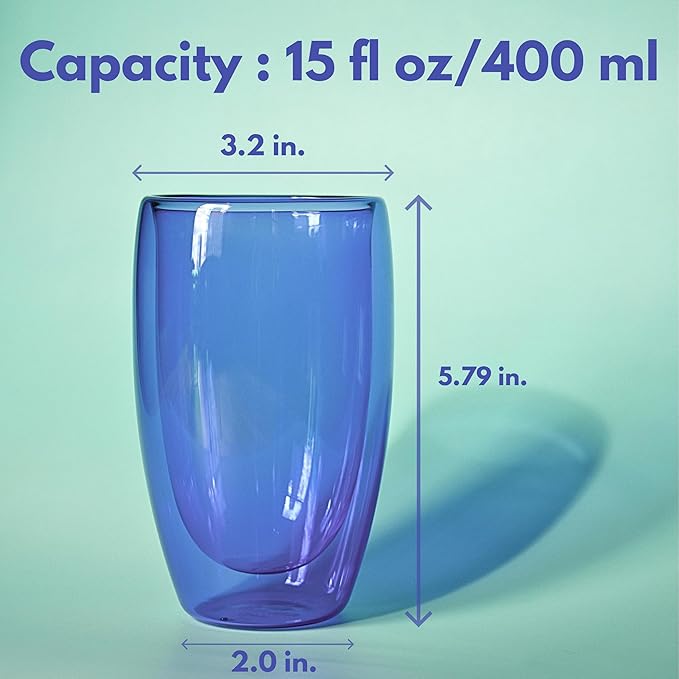Double Wall Glassware 15oz Insulated Borosilicate Mug for Coffee Tasting Seasonal Brews Home Café Cozy Nights Holiday Gifts in Ocean Blue/Botanic Green