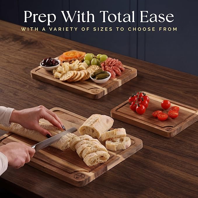 Pre-Oiled, Non Toxic 3-Piece Acacia Cutting Board Set with Stand | 15.7 x 11.8 in, 13 x 9.4 in, 10.2 x 7.1 in · FSC certified · Includes 3.4 fl oz oil · Deer & Oak - Image 3