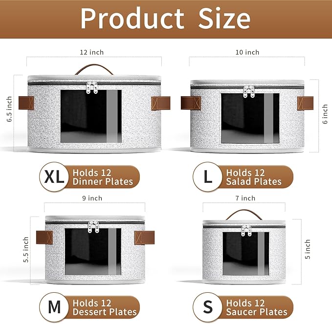 Foyego China Storage Containers, Light Gray, 4 Piece Set | with Lid, Handles & Visible Window, Stackable Moving Boxes for Plates Storage, Sturdy Dish Packing Supplies for Protection - Image 2