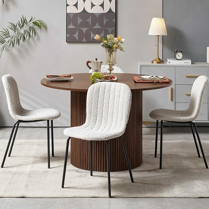 5 Piece Round Dining Table Set for 4, Mid Century Modern Wooden Kitchen Table and Chairs, Space-Saving Small Dinette Set (47 Inch Walnut Table+4 White Chairs) - Image 5