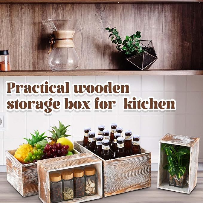 Set of 6 Farmhouse Wooden Crate Antique Wood Crates for Pantry Decor Organizer Storage Rustic Wooden Crates for Display Decorative Solid Wooden Storage Box for Book Storage Organizing - Image 5