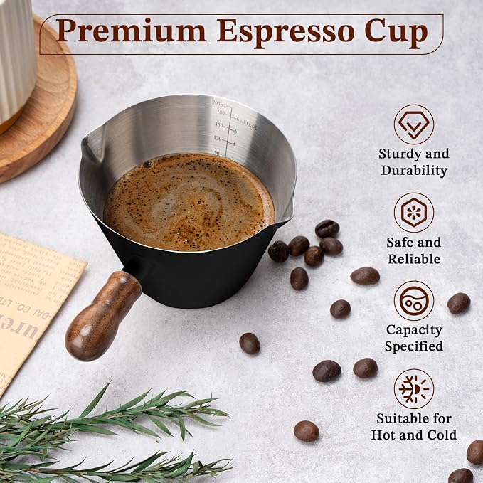 Amrules Espresso Cup, 6.8 oz/200 ml Stainless Steel Coffee Shot Measuring Cup with Wood Handle, Double V-Shaped Mouth and Clear Scale for Cappuccino Barista Coffee Bar Accessories, Black - Image 4