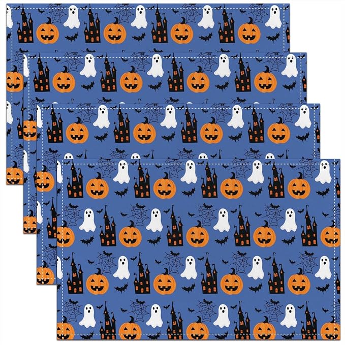 Feelyou Happy Halloween Placemats Set of 4 Pumpkin Lantern Ghost Table Mats Blue White Black Place Mat for Kitchen Dining Table Party Decor Indoor Outdoor 18"x12" Non-Slip Easy to Clean Bats Cobweb by Feelyou