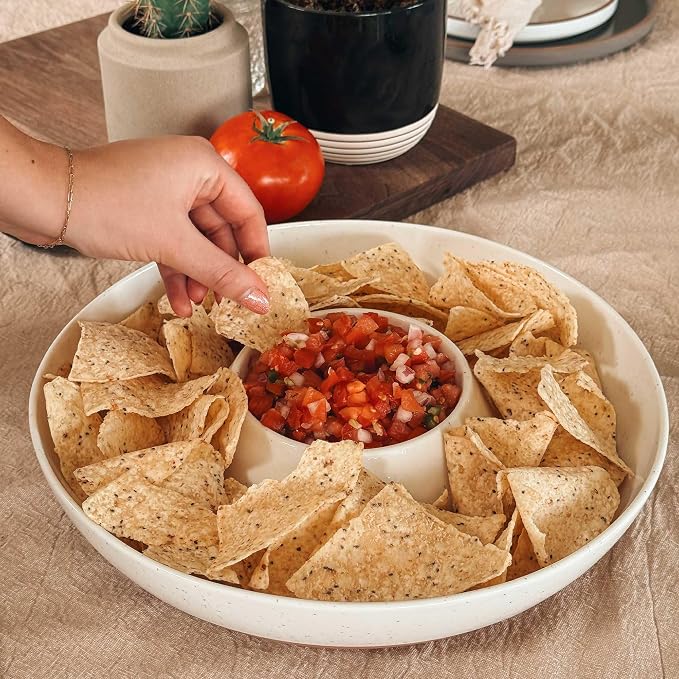 Mora Ceramic Chips and Dip Serving Tray: Large Divided Party Bowl Set for Chips & Salsa, Veggies & Dip, Fruit, Snacks, Entertaining, Hosting, etc. Minimalist Design for the Modern Hostess - White - Image 5