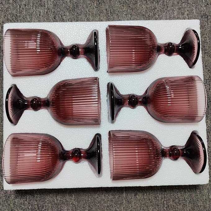 Taganov Purple Glasses Drinking Water Goblets set of 6 Colored Wine Glasses 13oz Pink Vintage Glassware for Wedding Party Bar Vertical Line Embossed Pattern Stemmed Cups 400ml - Image 2