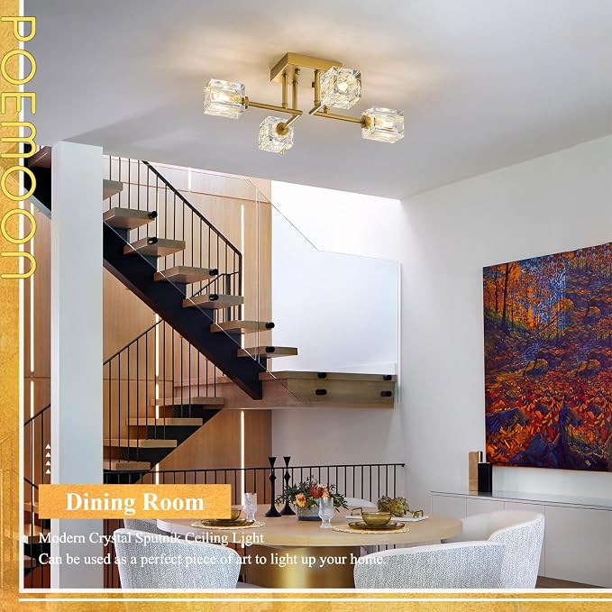 Modern Gold Sputnik Chandeliers 4-Light Crystal Semi Flush Mount Ceiling Light Fixture Industrial 18" Chandelier for Hallway Entryway Kitchen Bedroom Dining Room - Image 6