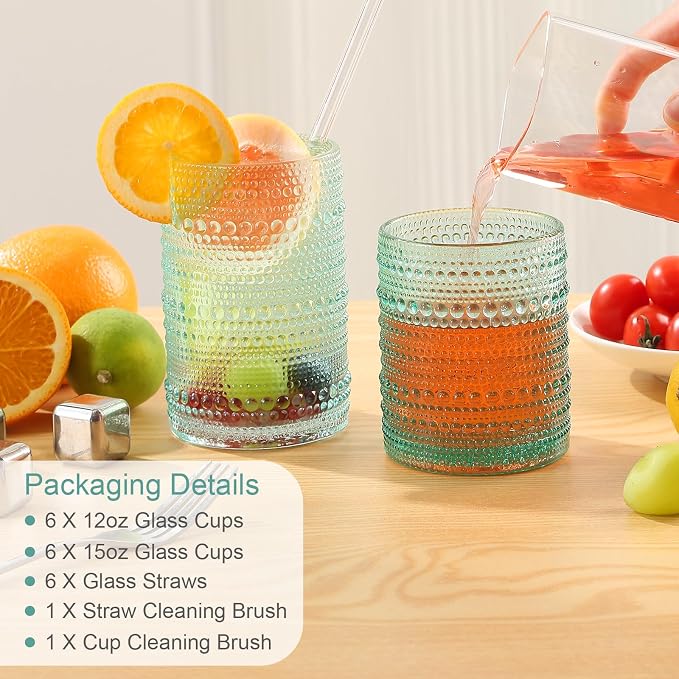 ZMOWIPDL Drinking Glasses Set of 12,Light Blue 12oz & 15oz Glass Cups | Vintage Hobnail Glassware，Embossed Water Tumbler,for Beer,Cocktail,Whiskey,Juice and Various Mixed Drinks - Image 6