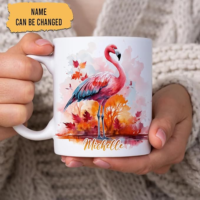 Hyturtle Personalized Fall Flamingo Maple Leaves Coffee Mug, Autumn Décor | Birthday Gifts For Flamingo Lovers - Fall Gift Ideas For Farmhouse Thanksgiving Custom Name 11oz White Ceramic Coffee Tea Mug - Image 2