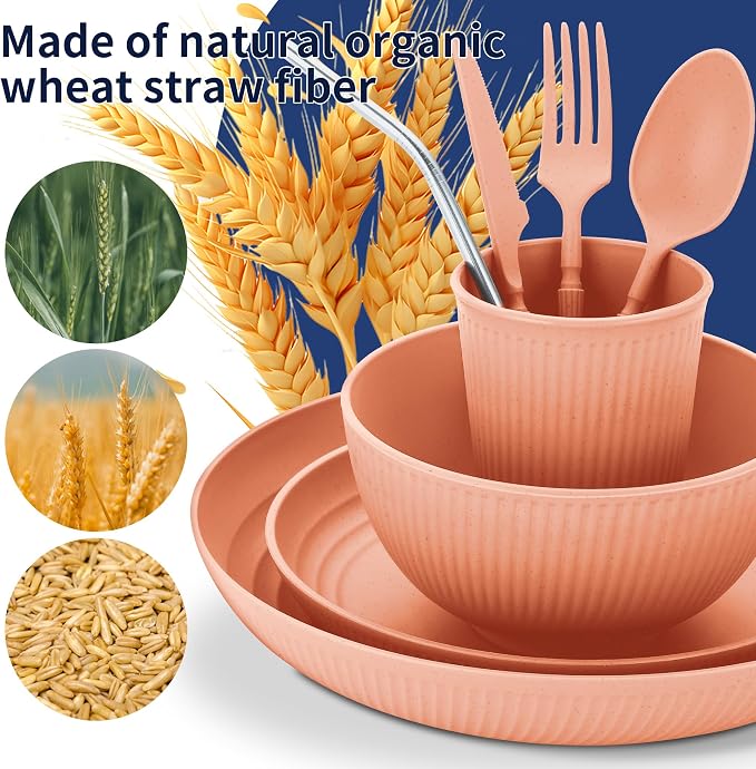 Wheat Straw Dinnerware Sets,64-Piece Plates and Bowls Sets for 8-Unbreakable,Reusable Plastic Dish Set-Dinner Plate/Dessert Plate/Cereal Bowl/Cup/Utensils-Dishwasher Safe 64P-Coral Coast - Image 5