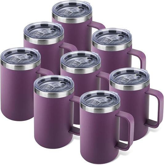 22oz Insulated Coffee Mug with Handle & Leak-Proof Lid - Double Wall Stainless Steel Travel Tumbler Bulk for Commute/Office/Home, Purple, 8 Pack by Unknown