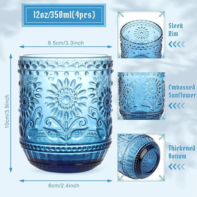 Topsky Vintage Drinking Glasses Set of 4,12oz Drinkware Set,Blue Glass Cups Wine Glasses Colored Glassware for Whisky,Beer,Juice,Cocktail,Heavy Duty - Image 4