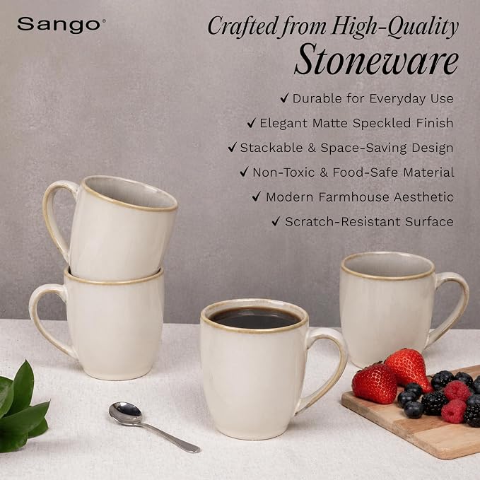 SANGO Resona Moss Stoneware Heat Resistant Coffee Mugs, Microwave and Oven Safe, 12 oz, White, 4 Count - Image 3