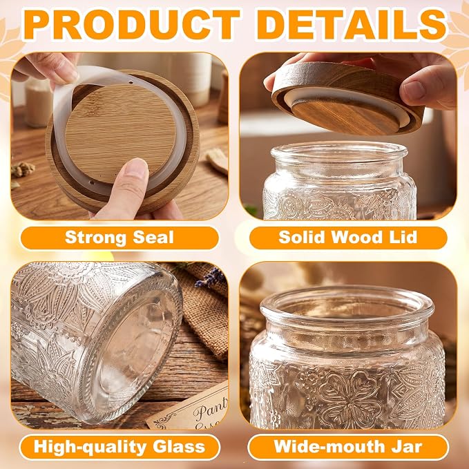 LemonRoad 4 Pcs Vintage Clear Glass Storage Jars 23.7 oz Mason Jar Canister with Wood Lids Food Storage Container for Cookie, Pantry, Candy Kitchen, Coffee, Tea, Flour, Sugar, Decorative Home Decor - Image 3