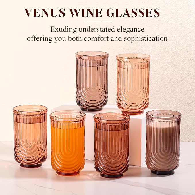 Venus Vintage Drinking Glasses Set of 6-17oz Hand-Blown Highball Ribbed Glassware, Arch Design Cocktail Glasses for Whiskey Water Beverages Ice Coffee Juice Milk - Image 2