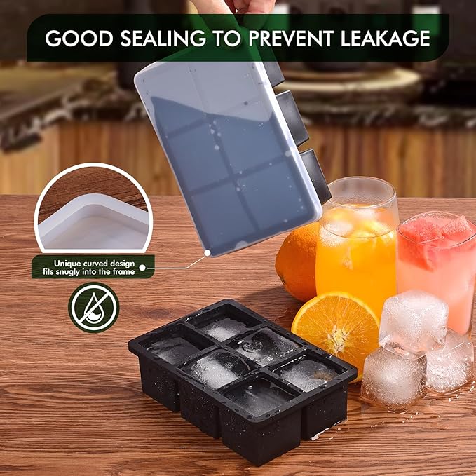 Ice Cube Tray, SLGOL Ice Trays for Freezer with Lid, Easy Release large Ice Cube Molds, Silicone ice cubes mold for Whiskey, Stackable Square Ice Tray for Cocktails Whiskey Juice Coffee 【6 square】