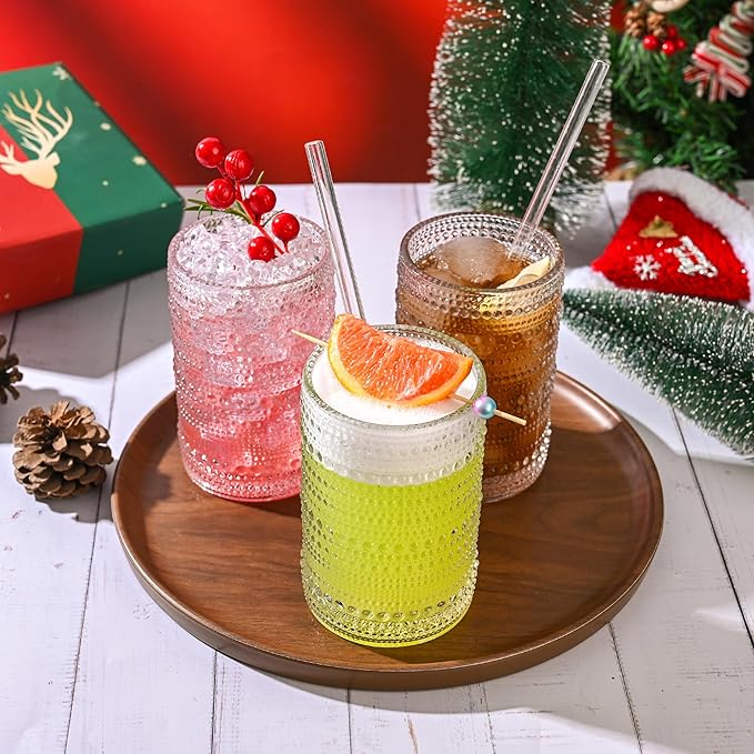 KMIGRUAN Hobnail Drinking Glasses with Straws 15oz Vintage Glassware Set of 6 Embossed Vintage Water Cups, Highball Glasses for Cocktail,Whiskey,Beer and Juic - Image 4